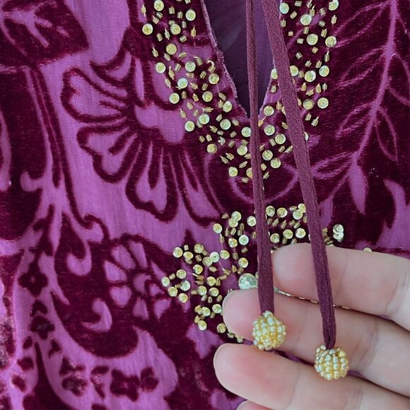 ECI New York VTG Silk Blend Velvet Burnout Floral Beaded Top Sz M Purple Boho - Picture 6 of 11